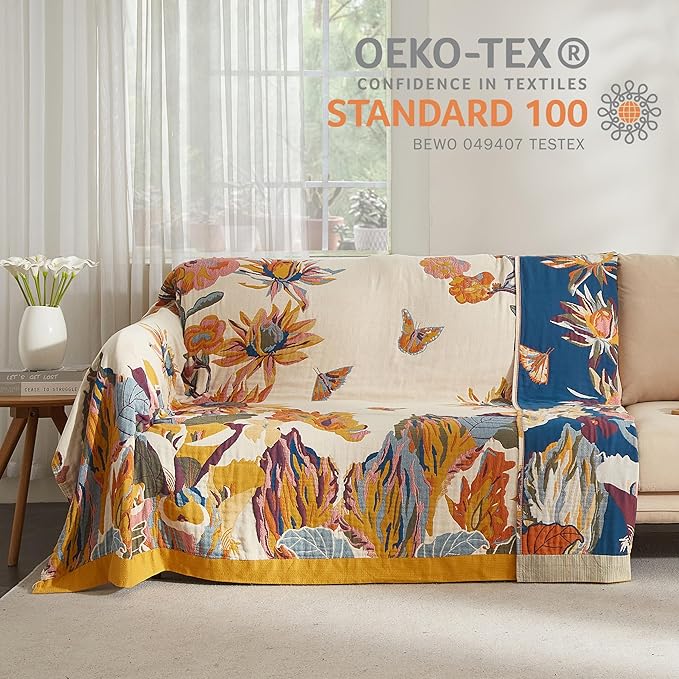 Boho Throw Blanket for Bed 90”x98”, 100% Cotton Woven Blanket for Couch Sofa, Ultra Soft 4-Layer Muslin Quilt with Vintage Floral Printed, Farmhouse Bed Blanket/Cover for Living Room Decor