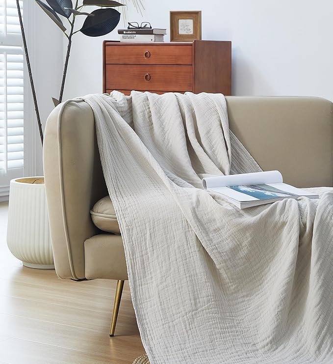 100% Cotton Muslin Throw Blanket for Bed, Couch, Small, Decorative, Soft, Pre-Washed, Breathable and Lightweight Gauze Blanket with Fringes, Suitable for All Seasons, Linen Grey, 50"x60"