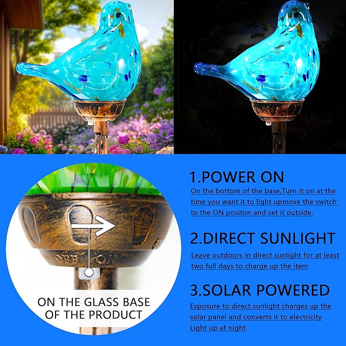 Decorative Solar Lights, Outdoor Solar Bird Stake Lights, Hand Blown Glass Decorative Garden Pathway Lights Outdoor Waterproof Glass Stakes (Light Blue)