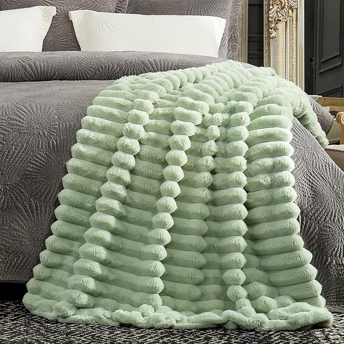 Cozy Bliss Faux Fur Throw Blanket for Couch, Cozy Warm Plush Striped Blanket for Sofa Bedroom Living Room, 50 * 60 Inches Sage Green