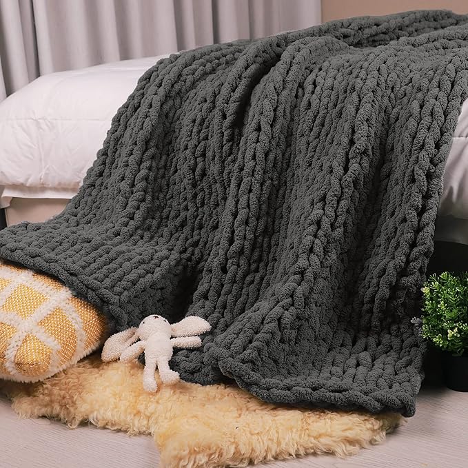 Carriediosa Chunky Knit Throw Blanket 50" X 60", 100% Hand Made Large Chenille Loop Yarn Soft Fluffy Throws for Couch Sofa Bed, Big Crochet Cozy Heavy Thick Cable Woven Blankets, Dark Grey