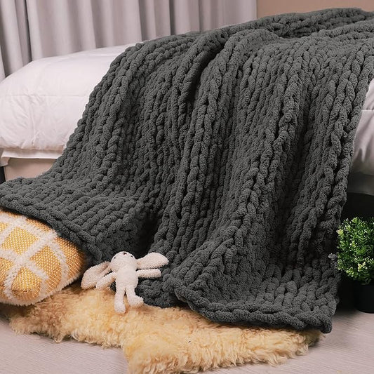 Carriediosa Chunky Knit Throw Blanket 60" X 80" Twin, 100% Hand Made Large Chenille Loop Yarn Soft Fluffy Throws for Couch Sofa Bed, Big Crochet Cozy Heavy Thick Cable Woven Blankets, Dark Grey