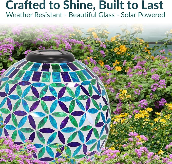 Sunnydaze Cool Blooms 10" Mosaic Glass Garden Gazing Globe with LED Solar Light - Set of 2