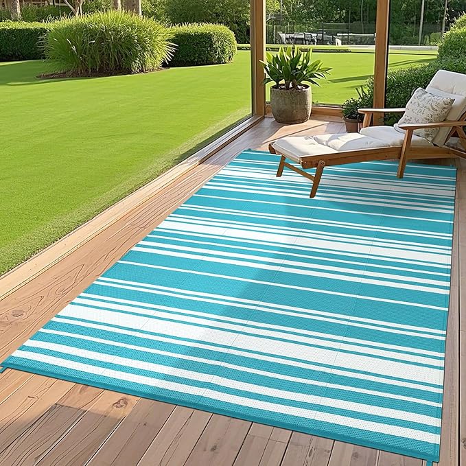 Outdoor Plastic Straw Rug 9x18 Waterproof Outside Rug, Large Modern Striped Reversible Floor Mats, Foldable & Lightweight Camping Carpet for Patio, Porch, Deck, Backyard, Balcony, Light Blue