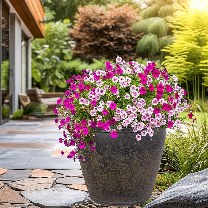 Sunnydaze 24-Inch Anjelica Large Plastic Pot for Plants - Outdoor Polyresin Round Planter with Drillable Drainage Holes - Sable - 2pk
