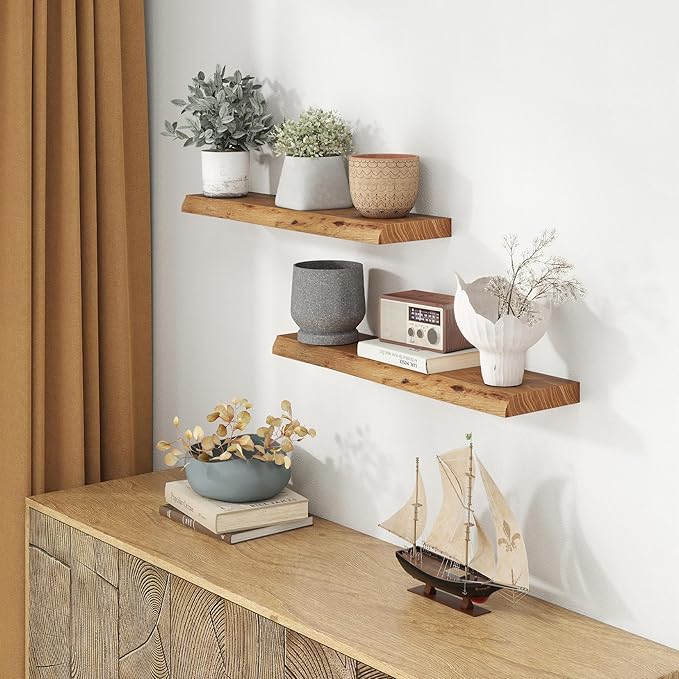 30" Floating Shelves, Live Edge Solid Elm Wood Floating Shelf, Wall Mounted Display Shelves with Heavy-Duty Bracket for Books, Rustic Wooden Shelf for Kitchen, Bathroom, Natural Color, Set of 2