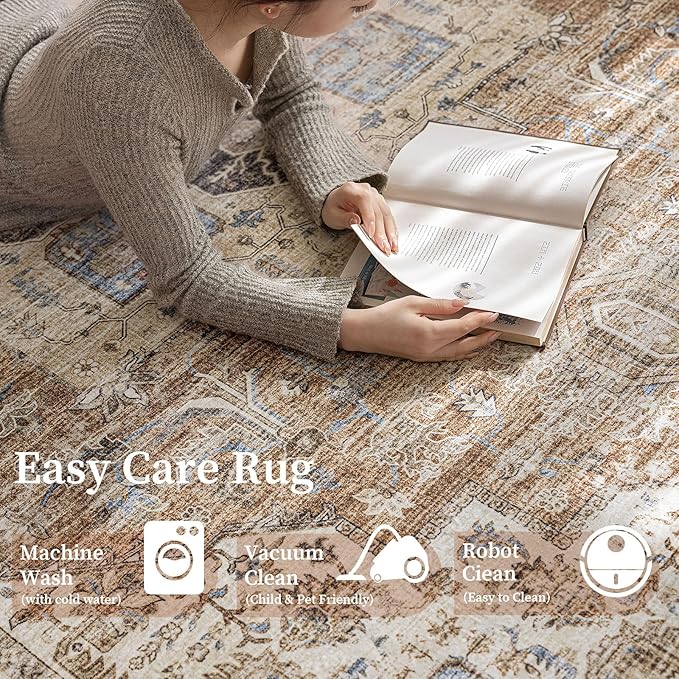 5'x7' Area Rug - Vintage Persian Medallion Design Low-Pile Faux Wool Rug, Non-Slip Backing, Machine Washable, for Living Room, Dining Room, Bedroom (Brick Red)