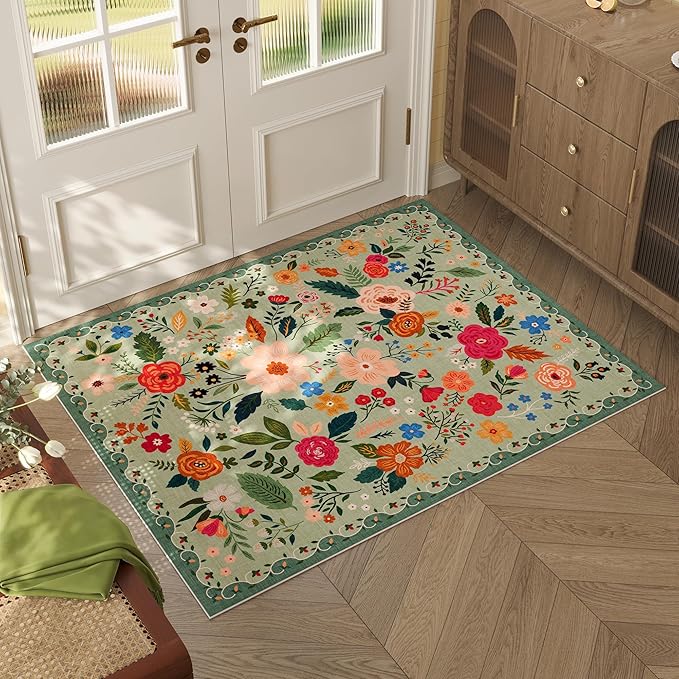 Door Mat Indoor Entrance 2x3 Rug Machine Washable Boho Floral Small Area Rug Non-Slip Low Pile Throw Rugs for Entryway, Kitchen, Front Door Indoor Entrance, Entry, Kids Room (Green)
