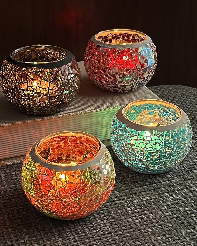 SHMILMH Mosaic Glass Candle Holder Set of 4, Votive Candle Holders Handmade Cracked Tealight Holders for Fall Christmas Diwali Home Decorations, Diwali Gift