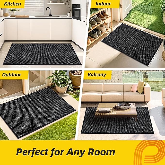 JSEI Dirt Trapper Door Mat 20"x32" Non-Slip Washable Entrance Mat, Dog Doormats, Absorbent & Fade-Resistant Floor Mats, Low Profile Welcome Mats for Entryway, Front Door, and Inside Entrance, Black