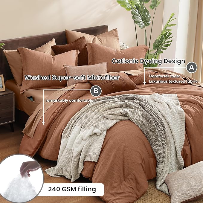 Monbix Queen Comforter Set - 7 Pieces Cationic Dyeing Autumn Leaf Bed in a Bag Queen Bedding Sets with Comforter, Sheets, Pillowcases & Shams, Reversible Bedding Comforters Sets