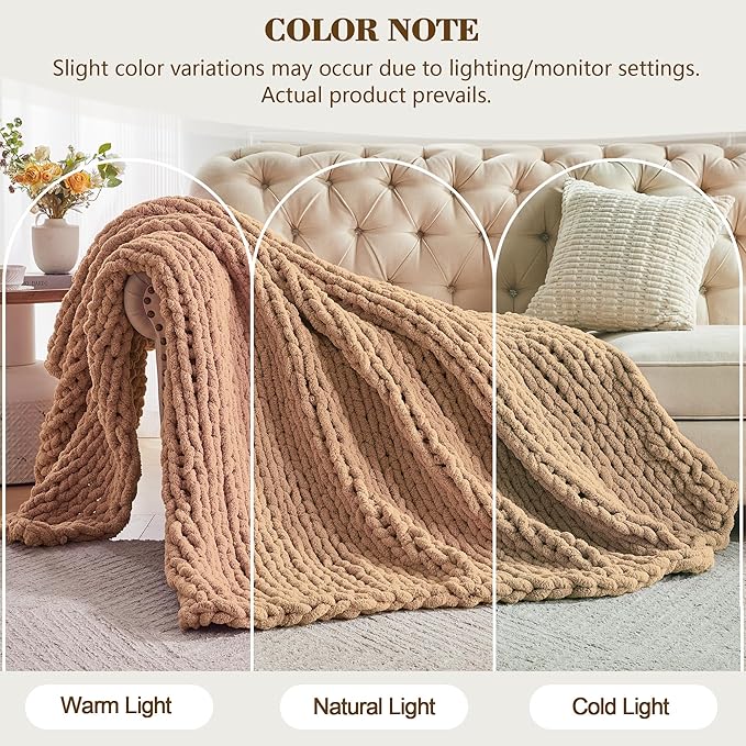 Carriediosa Chunky Knit Throw Blanket 60" X 80" Twin, 100% Hand Made Large Chenille Loop Yarn Soft Fluffy Throws for Couch Sofa Bed, Big Crochet Cozy Heavy Thick Cable Woven Blankets, Tan Brown
