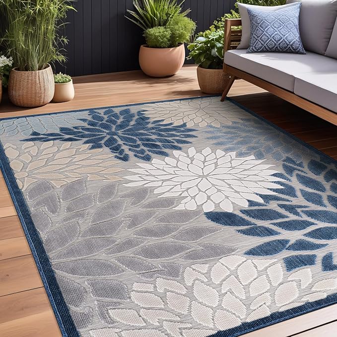 Beverly Rug Outdoor Rug 9x12 Large Modern Floral Tropical Area Rugs for Indoor and Outdoor Patio Easy to Clean Non Shedding Living Room Porch Garden Washable Outside Carpet (9 x 12 Blue)