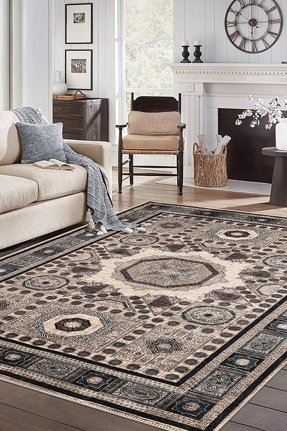 Keen Home Design 8x10 Rug - Machine Washable Area Rug with Non-Slip Backing, Ideal for Living Room, Dining Room, Bedroom - Vintage, Easy Clean, Durable, Low Pile Rug - (8' x 10')