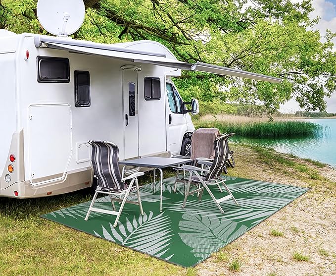 GENIMO Outdoor Rug 6' x 9' Waterproof for Patios Clearance, Reversible Plastic Straw Camping Carpet, Large Area Rugs Mats for RV, Picnic, Backyard, Deck, Balcony, Porch, Beach, Green&Grey