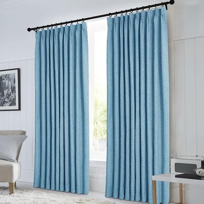 Macochico Pinch Pleated Full Blackout Curtains for Bedroom Living Room Blue Linen Curtains Thermal Insulated and Noise Reducing Window Panels with Tieback Shabby Chic Decor 84”Wx84”L 1 Panel