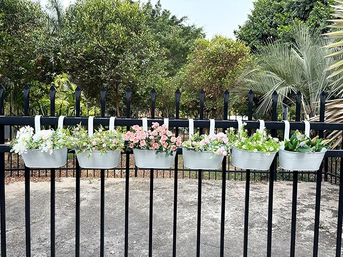 10" Hanging Flower Pots, Pack of 8 White Metal Outdoor Patio Balcony Planter, Railing Planters Fence Pot with Detachable Hook & Drainage Hole for Small Plants (White, 8Pcs)