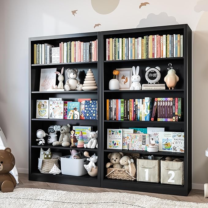 Black Bookshelf, 55” Adjustable Tall Metal Bookshelf, 5-Tier Toy Storage Organizer with Anti-Tilt Device, Modern Book Cases and Book Shelves for Bedroom, Playroom, Classroom, Study