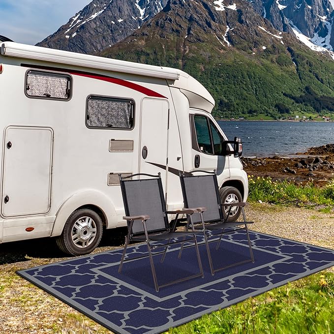 GENIMO Outdoor Rug 8' x 10' Patio Waterproof, Foldable Reversible Plastic Straw Area Rugs Mat for Camper Decor, Outside Carpet for Rv, Deck, Porch, Picnic, Beach, Balcony, Blue & Grey