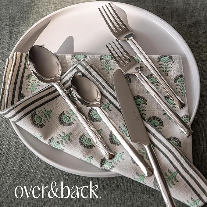 over&back 20pc Hand-Forged Flatware Cutlery Set - Comes with 4 Dinner Forks, 4 Salad Forks, 4 Dinner Knives, 4 Dinner Spoons, and 4 Teaspoons - Dishwasher-Safe - 18/8 Stainless Steel