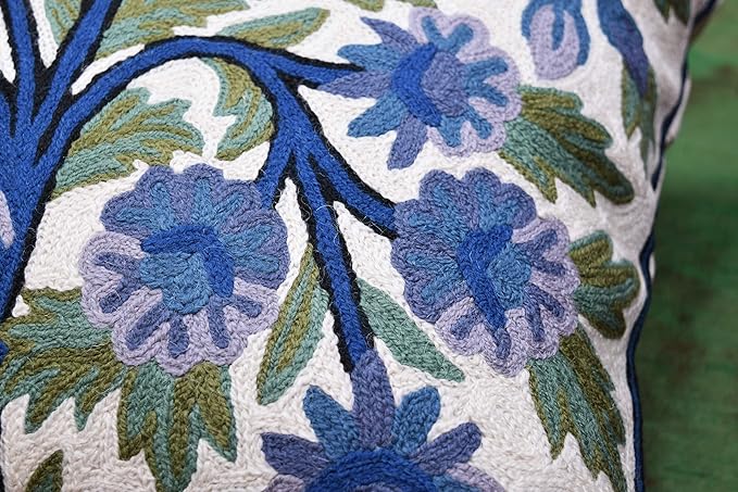 Blue Tree of Life Pillow Cover Indigo Plant Floral Pillowcase Needlepoint Botanical Flower Suzani Cushions Traditional Boho Modern Floral Cushion Wool Size - 18x18