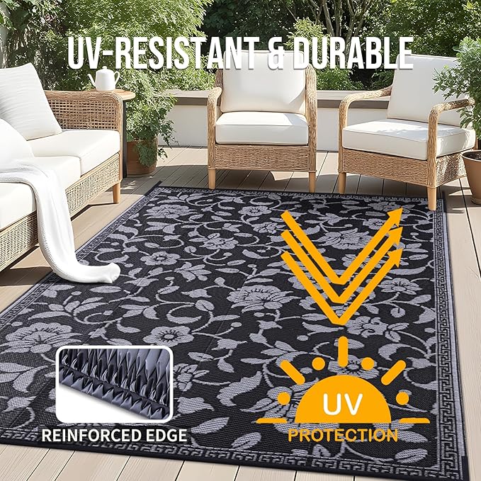 OLANLY Waterproof Outdoor Rug 8x10 ft, Outdoor Plastic Straw Rug with Flower Pattern, Reversible RV Mat for Patio, Camping, Balcony, Deck, Backyard, Black & Grey
