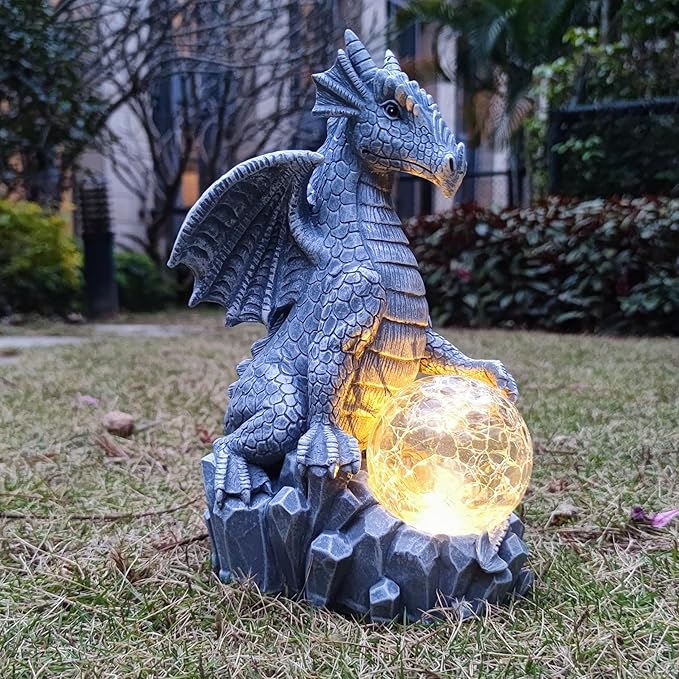 Dragon Solar Garden Statues Outdoor Decoration with Magic Orb,Dragon Figurine Solar LED Lights Lawn Décor,Outside Statue Ornament for Patio, Balcony, Yard,Unique Gifts for Mom Grandma