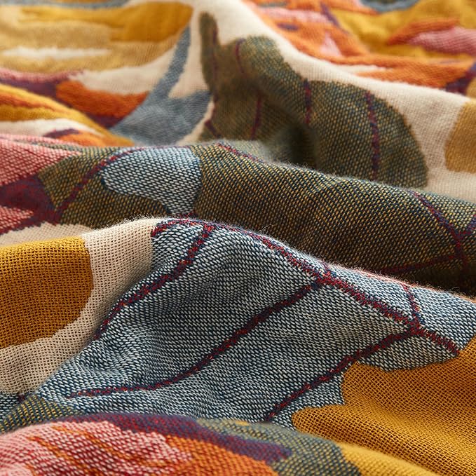 Boho Throw Blanket for Couch Sofa Bed, 100% Cotton Woven Quilt with Tassel 80”x90”, Super Soft Muslin Blanket with Floral Printed, Decorative Reversible Bed Blanket/Cover for All Seasons