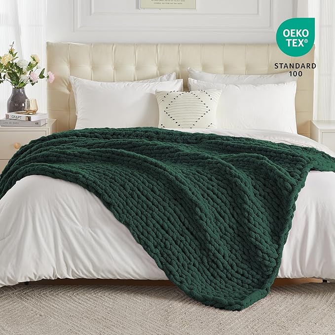 Carriediosa Chunky Knit Throw Blanket 50" X 60", 100% Hand Made Large Chenille Loop Yarn Soft Fluffy Throws for Couch Sofa Bed, Big Crochet Cozy Heavy Thick Cable Woven Blankets, Dark Green