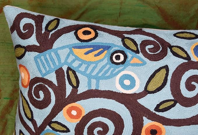 Lumbar Klimt Pillow Cover | Green Birds | Tree of Life | Modern Floral | Outdoor Pillows | Mid Century Chair Cushion | Handmade Wool Size 14x20