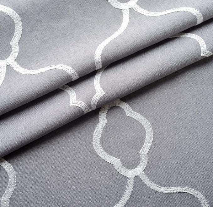 MIUCO Moroccan Embroidered Semi Sheer Curtains Linen Look Grommet Curtains for Living Room 52 x 84 Inch Set of 2, Grey