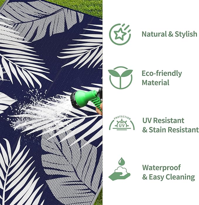GENIMO Outdoor Rug 9' x 12' Waterproof for Patios Clearance, Reversible Outdoor Plastic Straw Camping Rug Carpet, Large Area Rugs Mats for RV, Camper, Deck, Balcony, Porch, Beach, Navy Blue&White