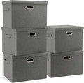 Large 17" 36 Quart Collapsible Stackable Storage Bins with Lids, 5 Packs Gray Foldable Fabric Closet Storage Boxes with Lids, Heavy-duty Linen Cube Baskets(17 x 12 x 11)