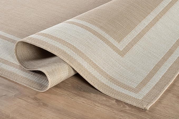 Beverly Rug Large Outdoor Rug 10x14 Modern Bordered Area Rugs for Indoor and Outdoor Patio Deck Porch Garden Waterproof Weather Sun Resistant Washable Outside Carpet (10 x 14 Beige)