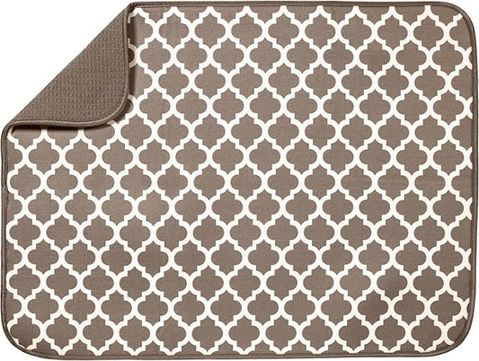 S&T INC. Dish Drying Mat XL, 18” x 24”, Absorbent Microfiber Kitchen Counter Mat, Dish Drying Pad for Dishes, Utensils, Pots and Pans, Extra Large, Taupe Trellis