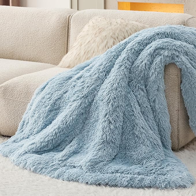 Bedsure GentleSoft Fuzzy Sherpa Faux Fur Blue Twin Blanket Cozy Gifts for Women Men, Soft Fleece Plush Warm Minky Thick Blanket Twin Size for Bed, Couch, Room Decor Dorm Essentials Blue Gifts, 60x80