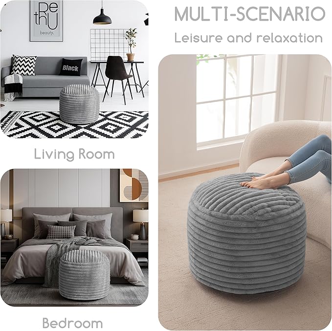 HIGOGOGO Round Stuffed Pouf Ottoman, Stripe Faux Fur Poufs with Foam Chunk Filling, Furry and Fluffy Pouf Foot Stool Storage Ottoman, 26 X 18 Floor Poufs Foot Rest for Living Room, Grey