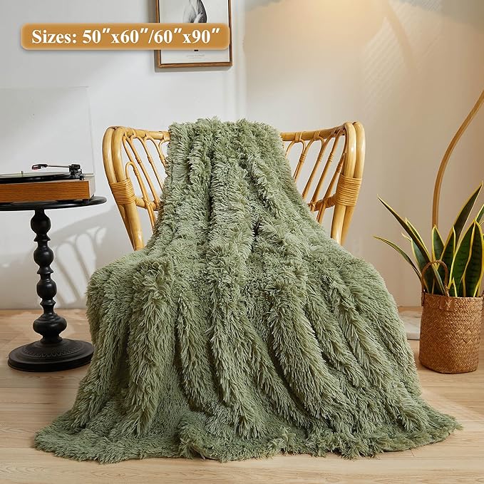 XeGe Luxury Faux Fur Blanket, Sage Green Soft Big Fluffy Throw, Shaggy Plush Decorative Couch Throw, Cute Furry Fuzzy Blanket for Bed Bedroom Living Room Sage Green, 60x90