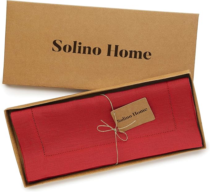 Solino Home Linen Red Table Runner 36 Inches - Classic Hemstitch, 100% Pure Linen Coffee Table Runner 14 x 36 Inch Ideal for Dresser Tables