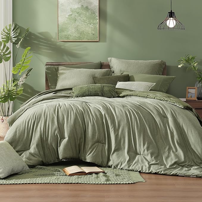 Monbix Full Size Comforter Set, Sage Green Bedding Comforter for Full Size Bed Set Reversible, Bedding Sets Full 7 Pieces, Cationic Dyeing Bed in a Bag with Comforter, Sheets, Pillowcases & Shams