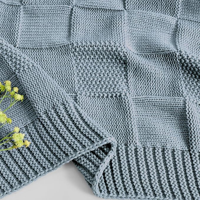 CozeCube Check Knit Throw Blanket, Dusty Blue Checkered Throw for Couch, Decorative Christmas Soft Cozy Warm Knitted Blanket for Bed Sofa Living Room, 50"X60"