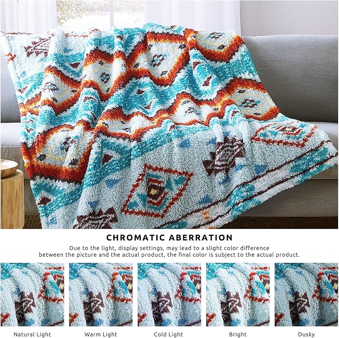 CASAAGUSTO Boho Sherpa Throw Blanket, Aztec Throw, Ultra Soft, Warm, Cozy, Plush, Thick Fleece Bohemian Throw Blanket for Couch, Bed, Sofa (Aqua 50 * 60 Inch)