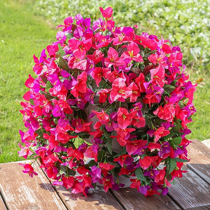 Faux Bougainvillea Artificial Flowers Plants for Outdoors Outside Decoration, 2pcs Fake Flowers Silk Long Trailing Vines UV Resistant Realistic for Front Door Porch Planter Urn Patio Balcony Yard, Mix