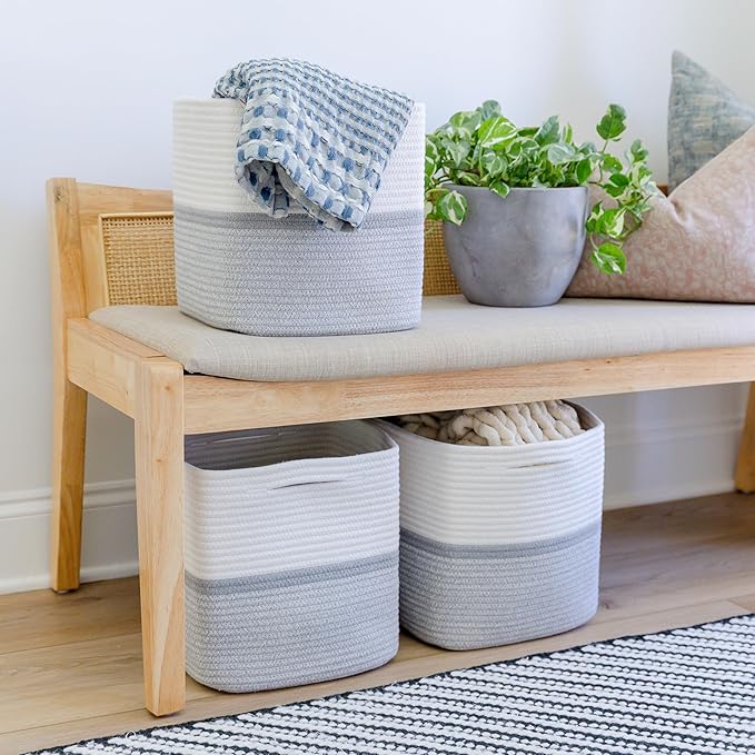 NaturalCozy Storage Cubes 11 Inch Cotton Rope Woven Baskets for Organizing, 3-Pack | Cube Storage Bin | Square Storage Baskets for Shelves Organizer, Classroom, Kids Toy Bins, Closet, Baby Nursery