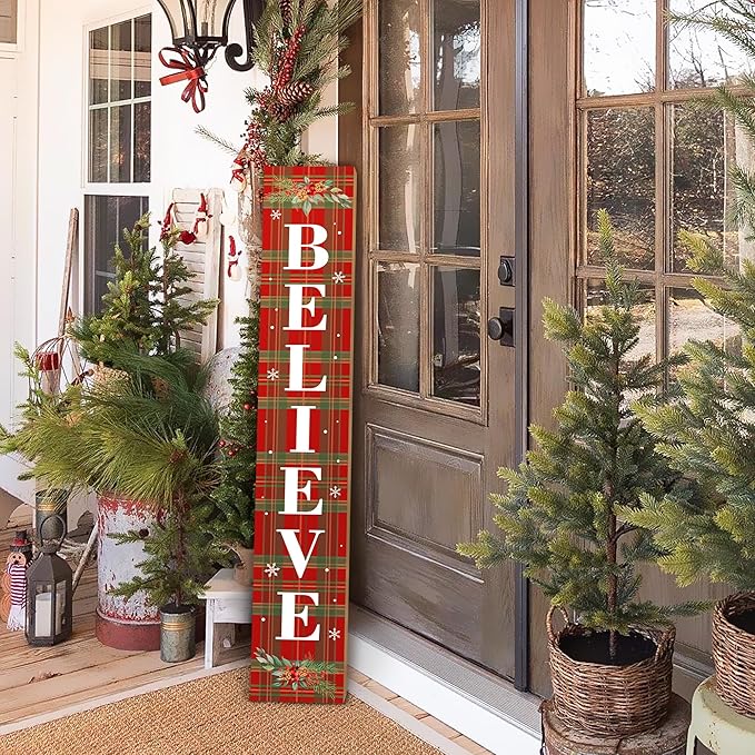 Winter Believe Porch Board Welcome Sign for Front Buffalo Plaid Door Porch Deck Patio or Wall - Indoor Outdoor Decorative Farmhouse Rustic Vertical Porch and Yard Decor - 47.2"H