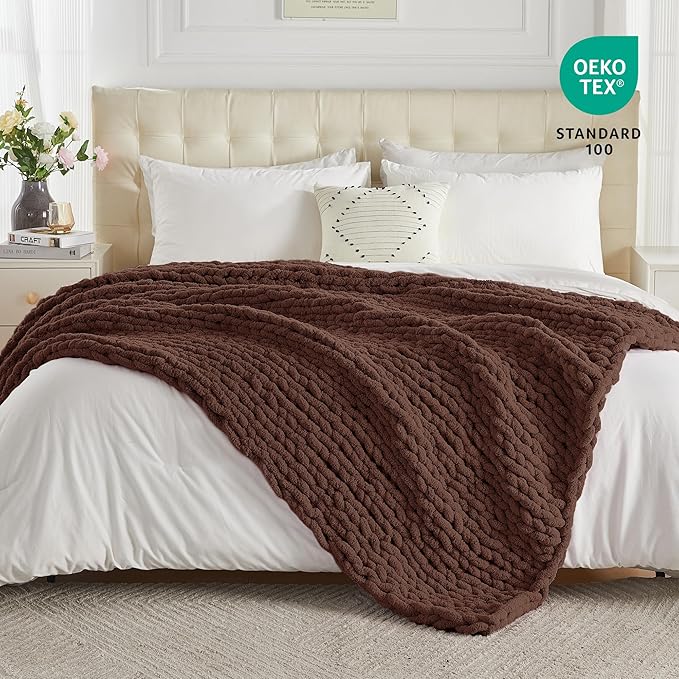 Carriediosa Chunky Knit Throw Blanket 50" X 60", 100% Hand Made Large Chenille Loop Yarn Soft Fluffy Throws for Couch Sofa Bed, Big Crochet Cozy Heavy Thick Cable Woven Blanket, Cocoa Brown