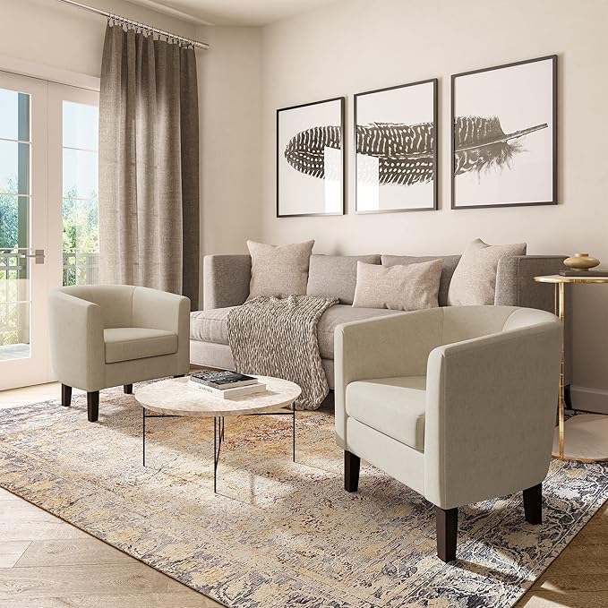 BELLEZE Accent Barrel Chair, Faux Leather Round Club Tub Sofa Corner Chair with Flared Legs and Cozy Soft Padding for Living Room Bedroom Waiting Room - Beige