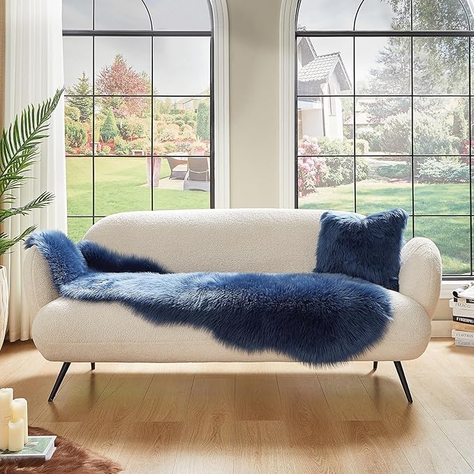 AMTOVO Faux Sheepskin Rug, Dark Blue Ultra Soft Fluffy Shag Area Rug, 2 x 6 ft Faux Fur Rug for Bedroom Sofa Throw Cushion Room Decor, Sheepskin