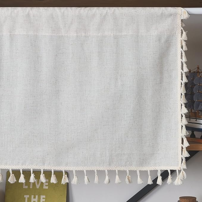 Sutuo Home Boho Sheer Curtain Valance Cotton Linen with Bohemian Handmade Tassels, Short French Farmhouse Window Treatment for Kitchen Cafe, Rod Pocket, 1 Panel 59" W x 18" L, Natural