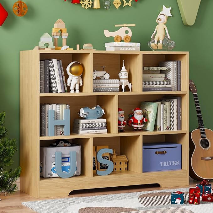 Book Shelf, 8 Cubes Storage Organizer, 3-Tier Open Shelf Wooden Bookcase, Freestanding Log Bookshelf Cube Shelf for Bedroom, Living Room, Home Office